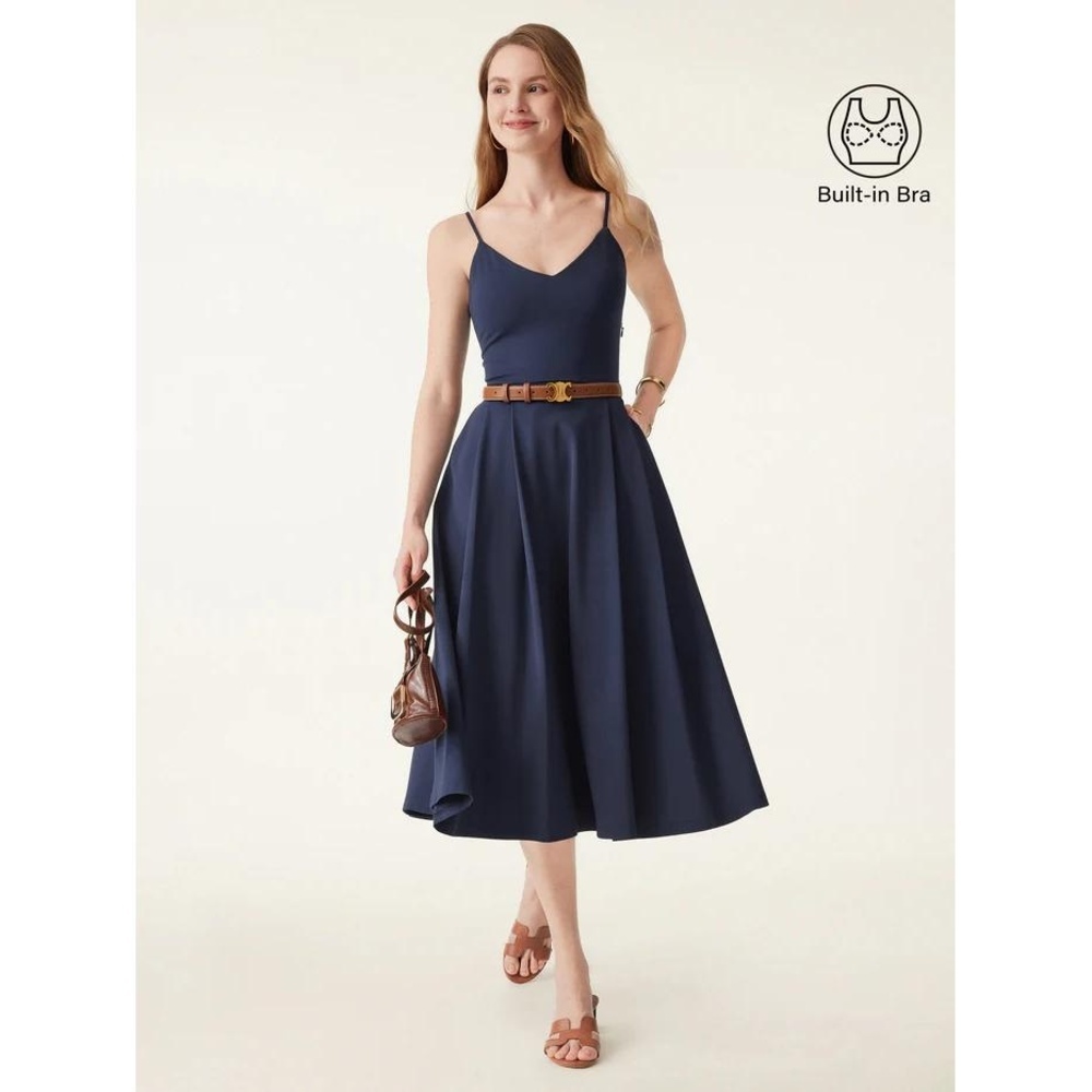 OGL NWT Dress Sleeveless XS Navy Midi Vneck Builtin Bra Sustainable Modern